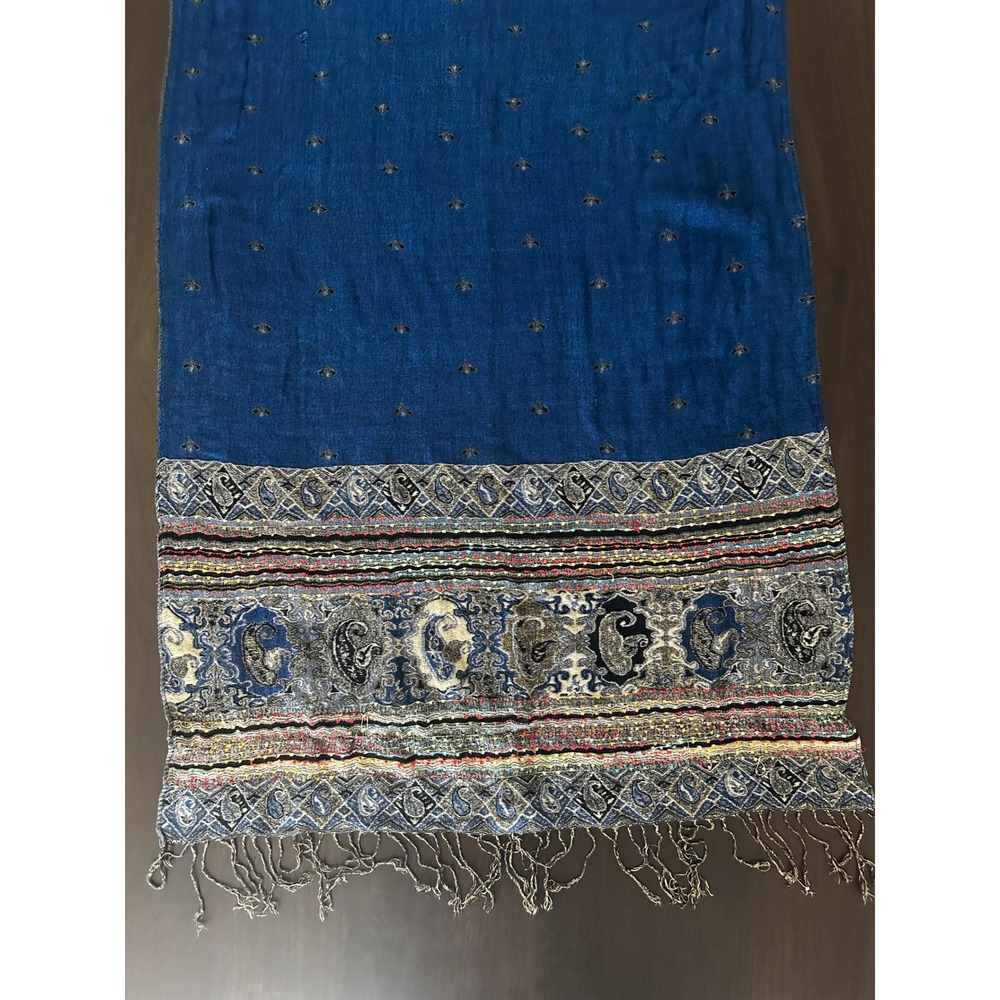 Blue & Olive Reversible Paisley Pashmina Shawl Fringe Wrap Scarf Bohemian - Picture 4 of 8